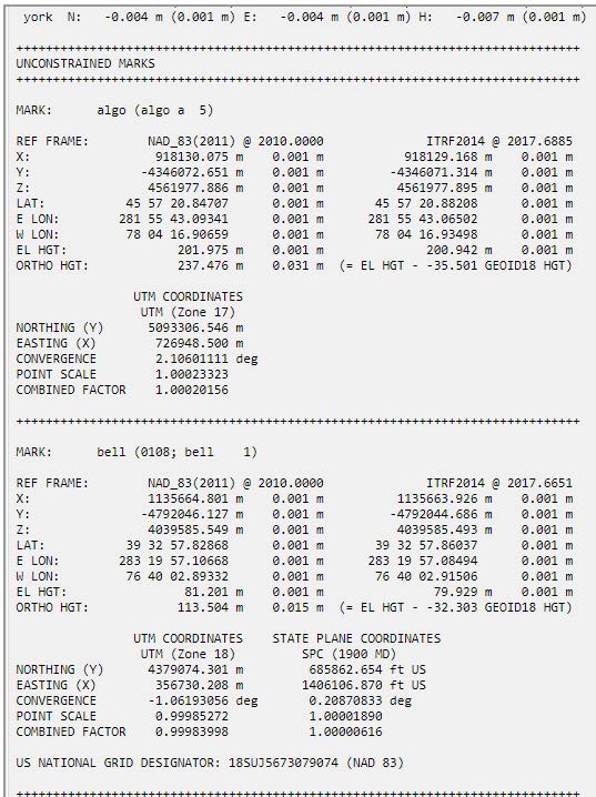 Network solution processing report showing the coordinates of unconstrained marks