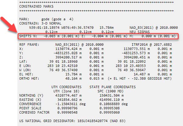 Network solution processing report showing coordinates of a constrained mark and the coordinate shifts between computed and published coordinates