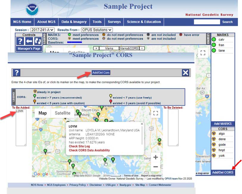 Screen captures showing the steps used in adding a CORS from the Manager's Page (see 7.1.7)