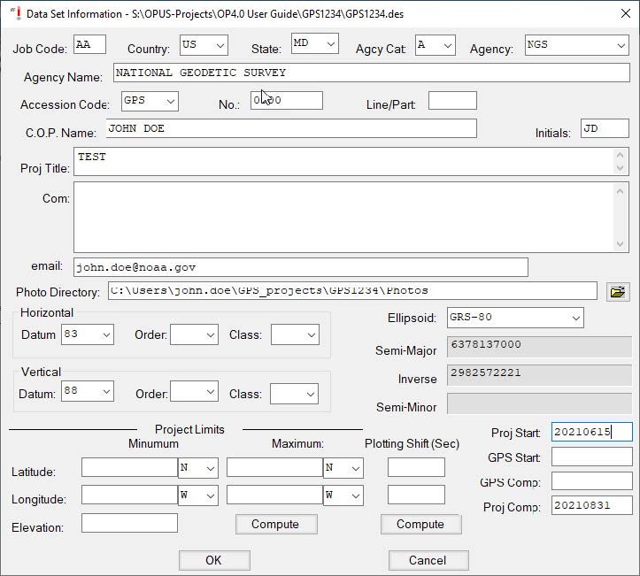 Sample WinDesc Project Data screen