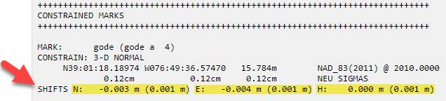 Coordinate shifts between the Preliminary Network Adjustment and the a prior coordinates on a constrained mark